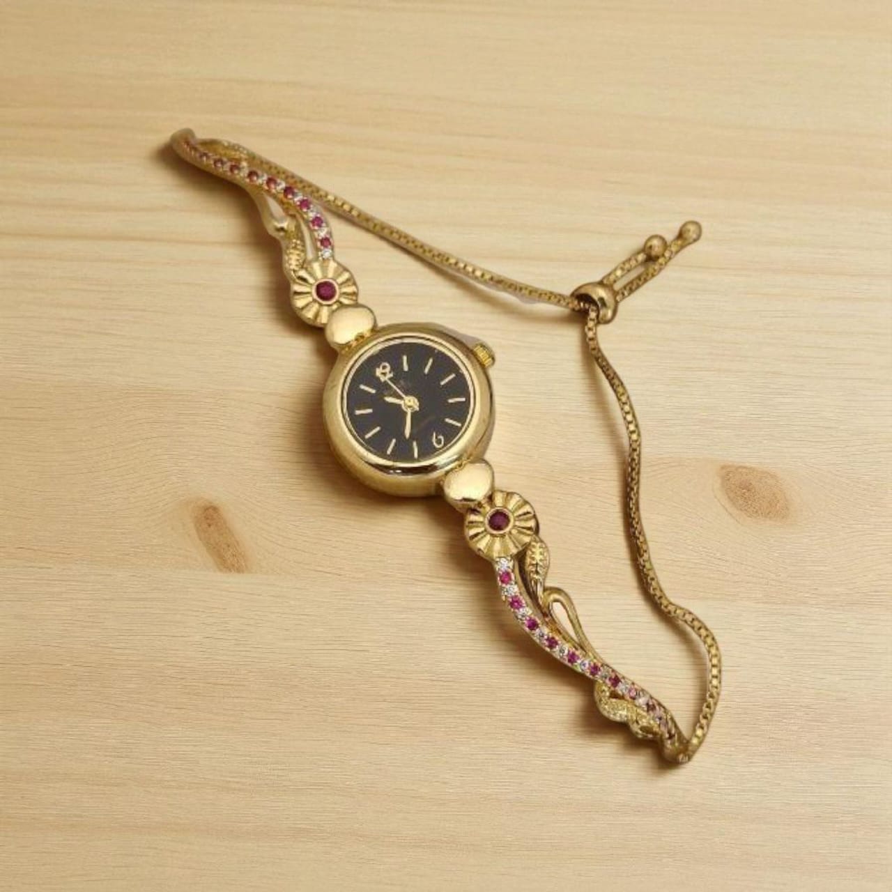 Gold Plated White Dial Floral Bracelet Watch For Women
