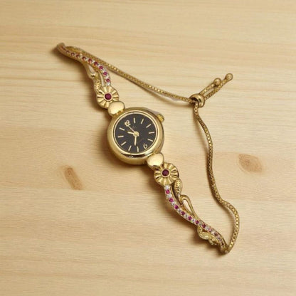 Gold Plated White Dial Floral Bracelet Watch For Women