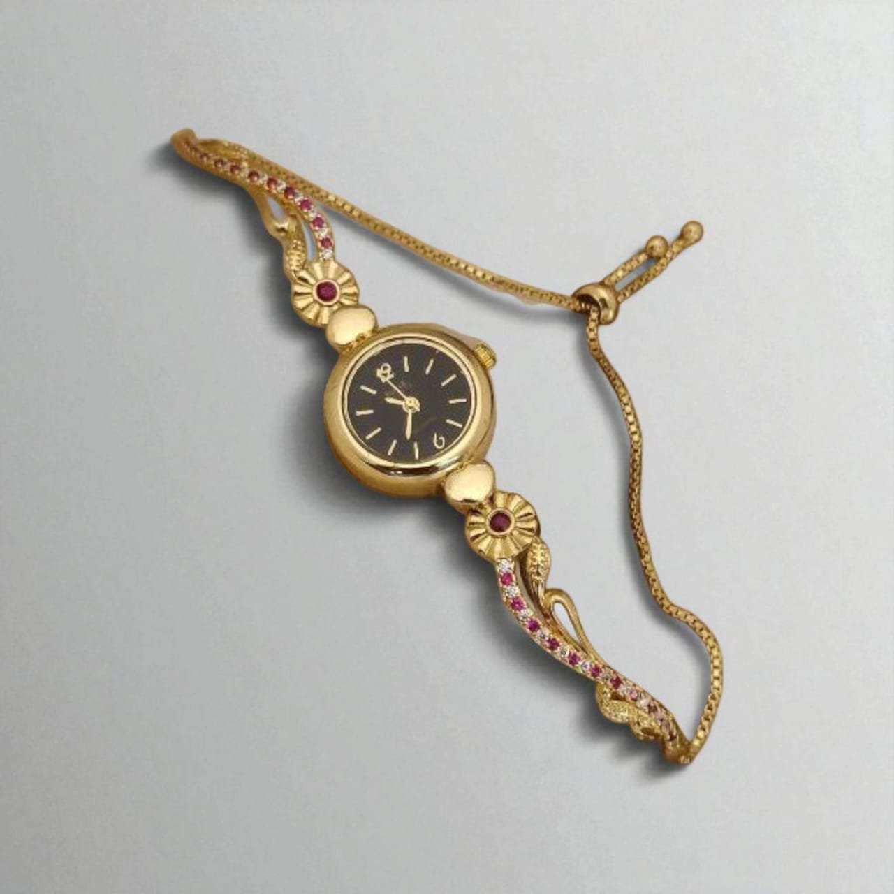 Gold Plated White Dial Floral Bracelet Watch For Women