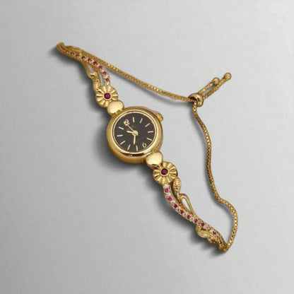 Gold Plated White Dial Floral Bracelet Watch For Women