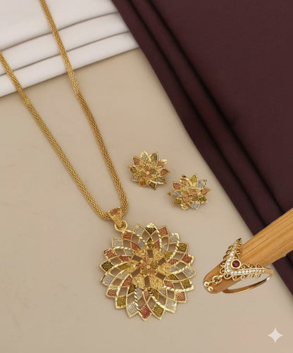 Designer Gold Plated Rangoli Flower Pendent Set With Beautyfull Ring