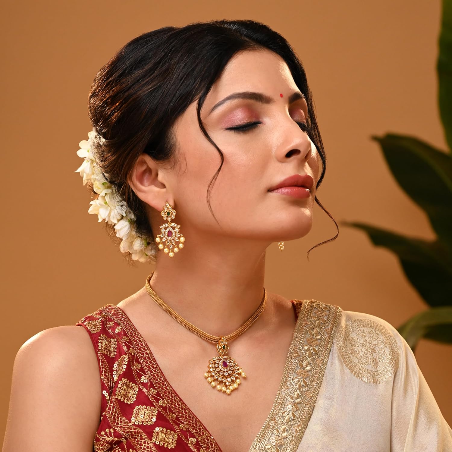 Best Combination Of Pearls & American Diamond With Stunning Ruby Stone Studded Ethnic Wear Antique Finish Beautiful Necklace With Earrings