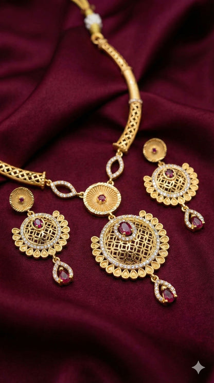 Royal Ruby Filigree Necklace Set – Micro Gold Plated AD Diamond Jewelry