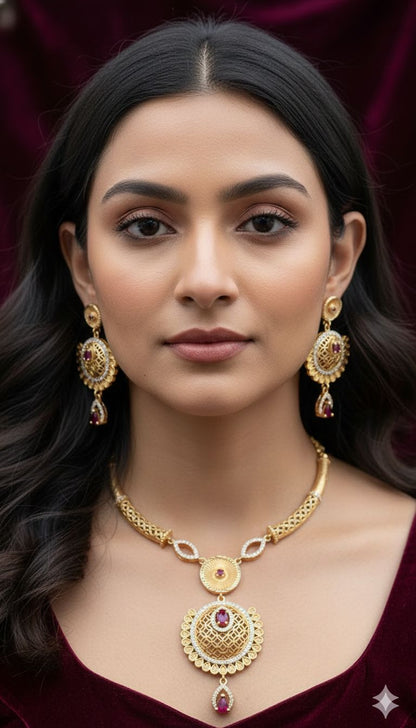 Royal Ruby Filigree Necklace Set – Micro Gold Plated AD Diamond Jewelry