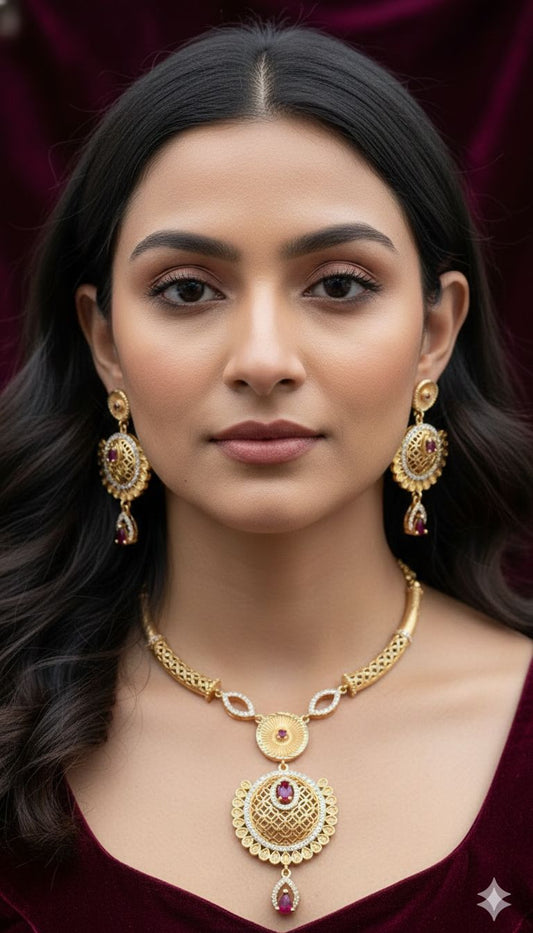 Royal Ruby Filigree Necklace Set – Micro Gold Plated AD Diamond Jewelry