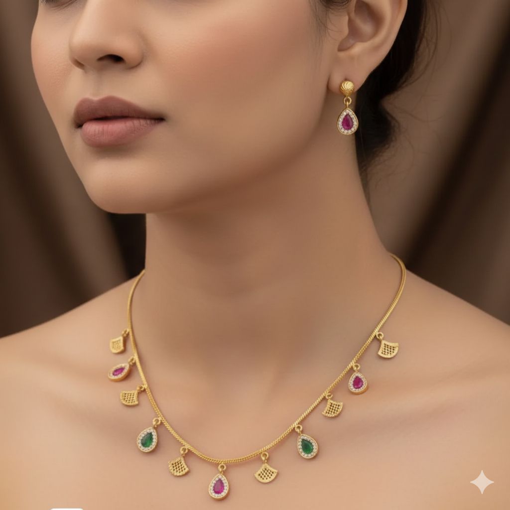 Micro Gold Plated Ruby & Emerald Drop Charm Necklace with Matching Earrings – Elegant Daily Wear Set