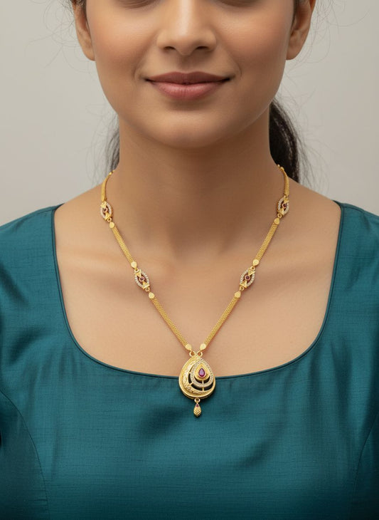 Micro Gold Plated And Diamond Studded Fancy Oval Pendant Set with Chain