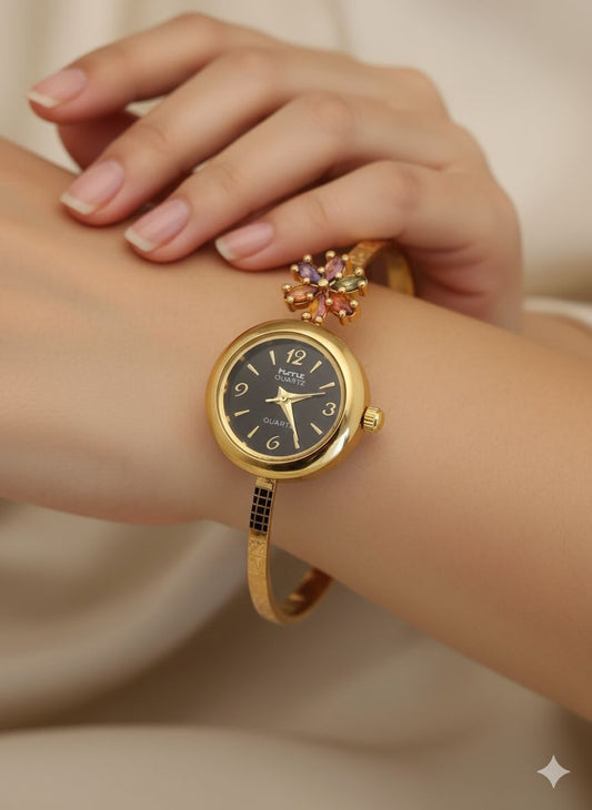 Gold Plated And Diamond Fancy Adjustable Black Flower Watch