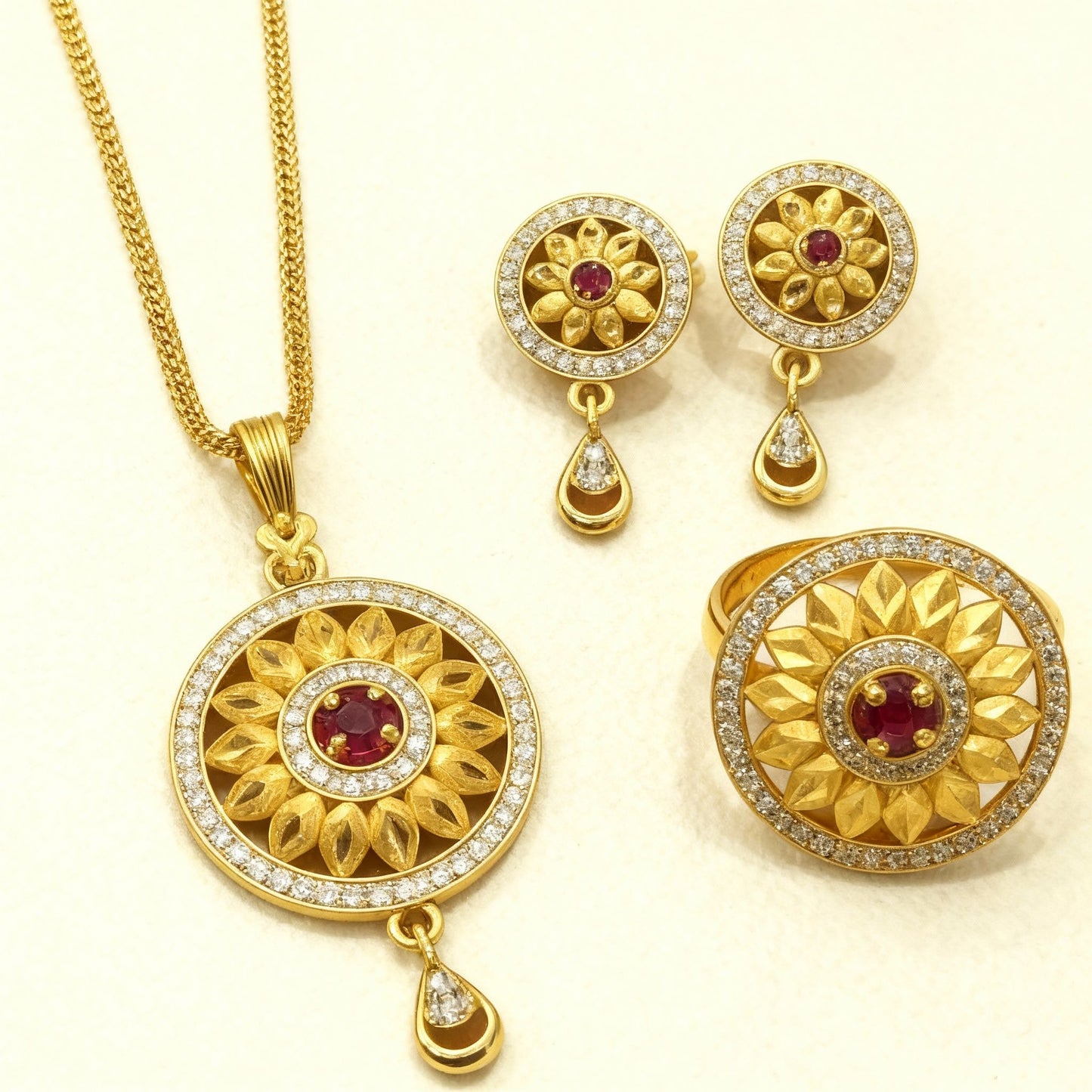 Gold Plated And Diamonds Studded Flower Pendant with Earrings
