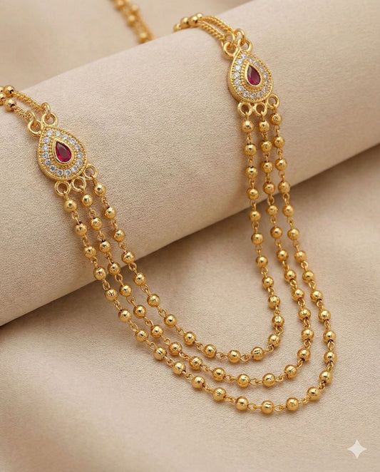 Micro Gold Plated Ruby–Emerald Floral Layered 3 Chain Combo