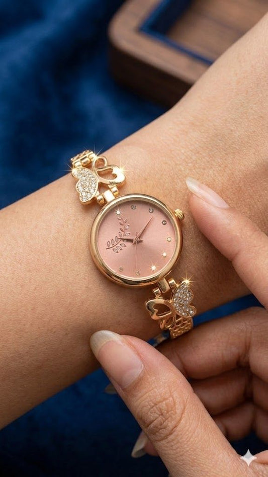 Elegant Gold plated ad diamod  pink dial Butterfly Charm Watch