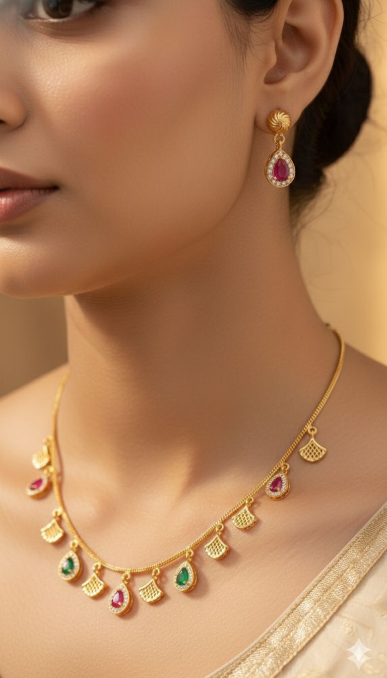 Micro Gold Plated Ruby & Emerald Drop Charm Necklace with Matching Earrings – Elegant Daily Wear Set