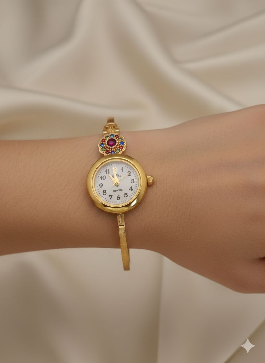 Premium Micro Gold Plated Floral Bangle Watch with Elegant Color Stone Detail
