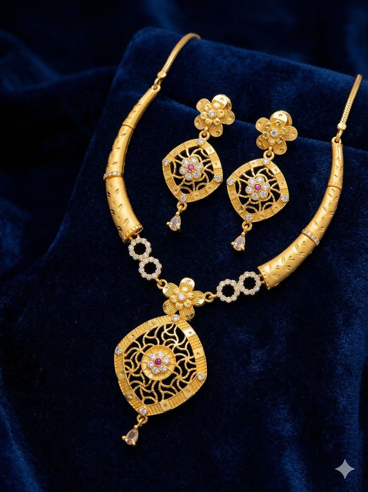Royal Floral Filigree Micro Gold Plated And Stone Studded Pendant Set with Earrings