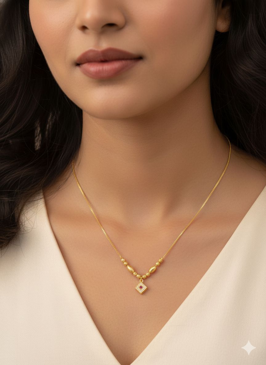 Micro Gold Plated Beaded Chain with Square And Stone Pendant For Women