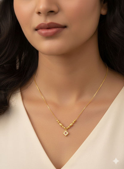Micro Gold Plated Beaded Chain with Square And Stone Pendant For Women