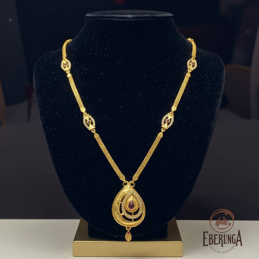 Micro Gold Plated And Diamond Studded Fancy Oval Pendant Set with Chain