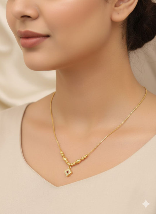 Micro Gold Plated Beaded Chain with Square And Stone Pendant For Women