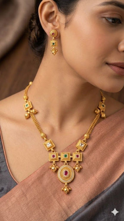 Royal Heritage Gold Necklace & Earring Set with Gemstone Accents