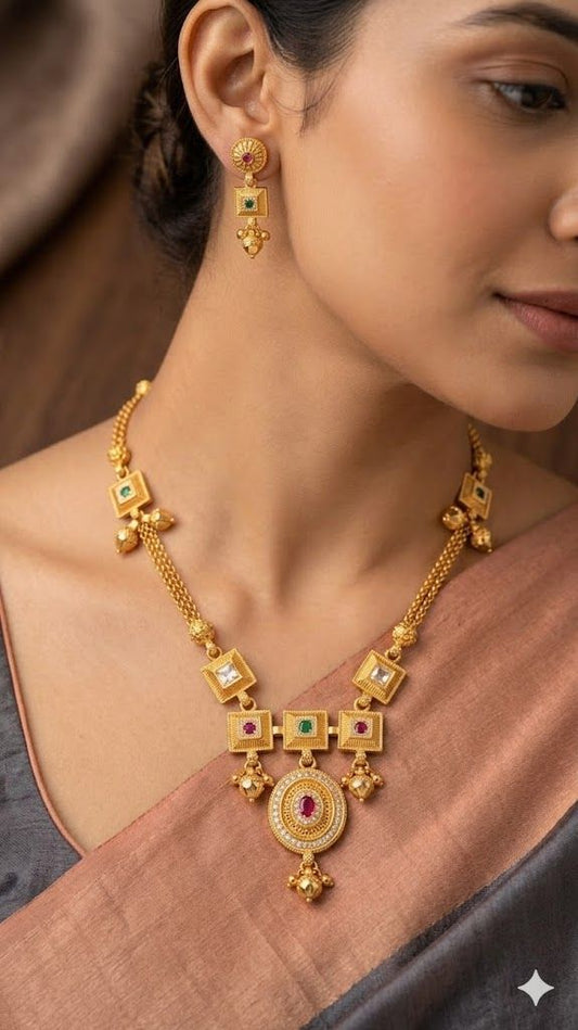 Royal Heritage Gold Necklace & Earring Set with Gemstone Accents