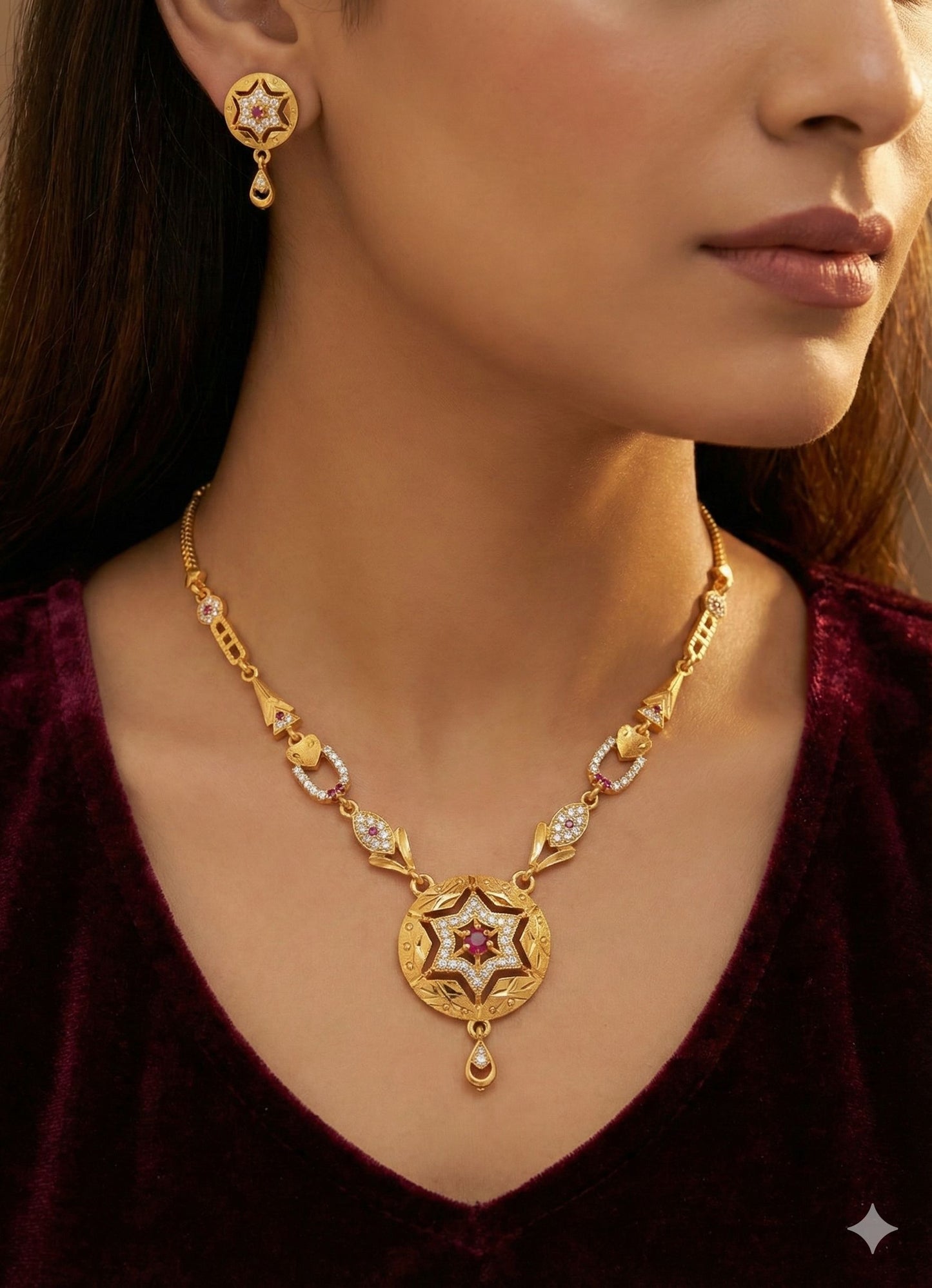 Royal Starburst And Diamond Gold-Plated Necklace Set with Matching Earrings