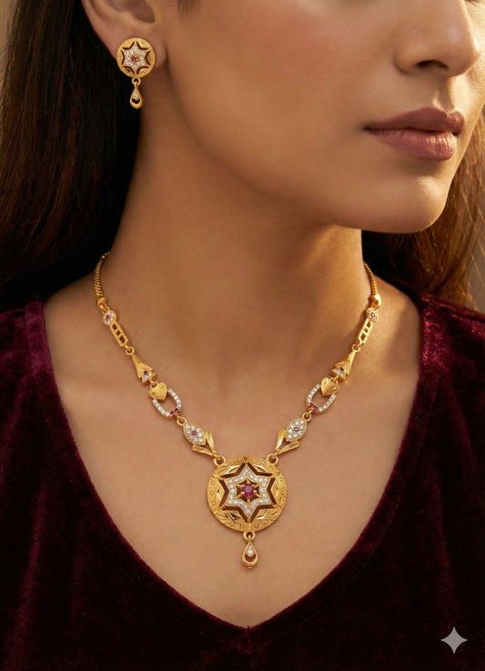 Royal Starburst And Diamond Gold-Plated Necklace Set with Matching Earrings