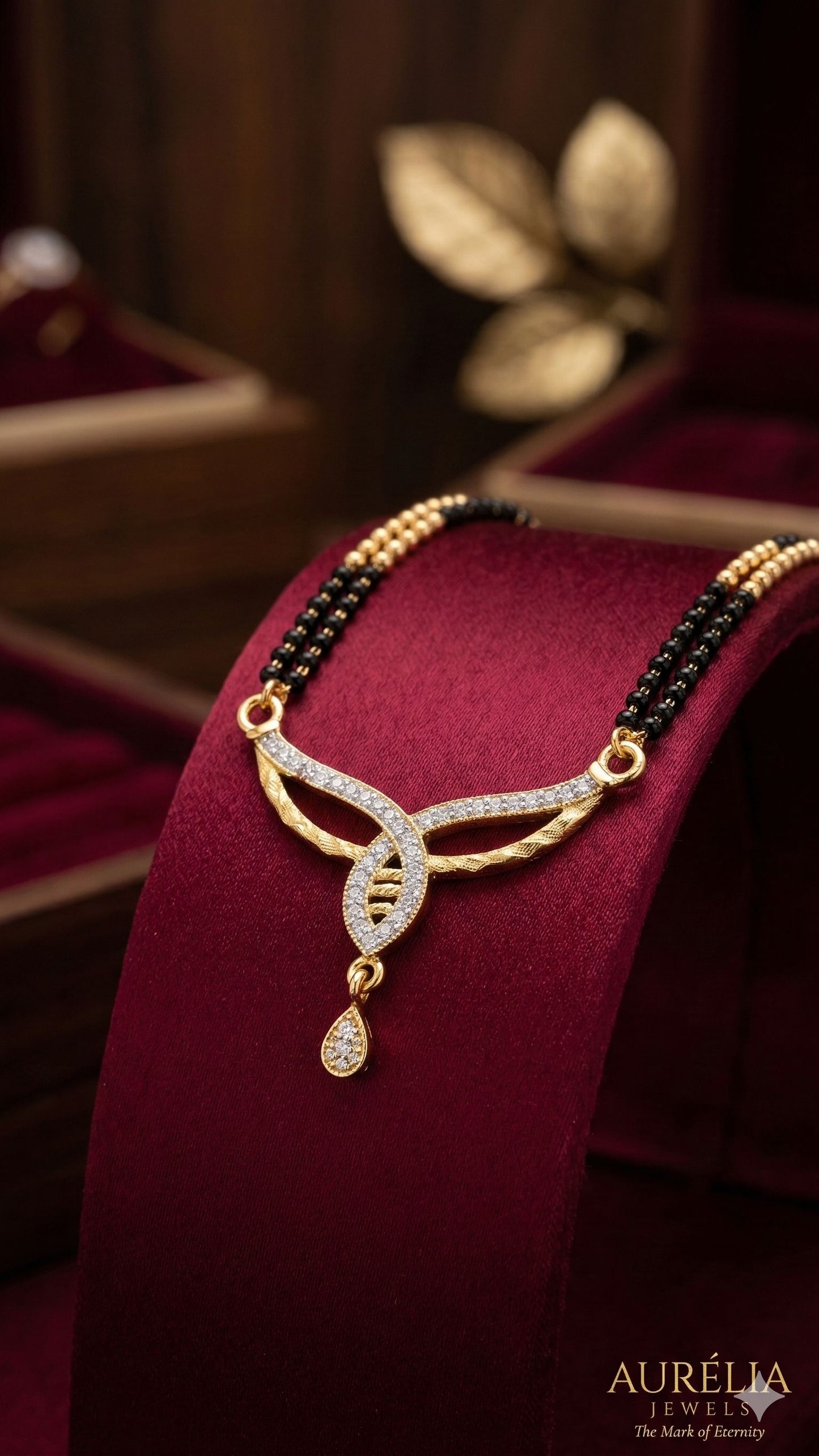 Elegant Diamond Curve Mangalsutra with Dual Black Bead Chain & Drop Charm