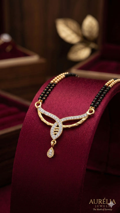 Elegant Diamond Curve Mangalsutra with Dual Black Bead Chain & Drop Charm