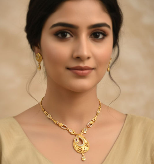 Micro Gold Plated And  Diamond Studded Fancy Oval  Pendant Set with Earring