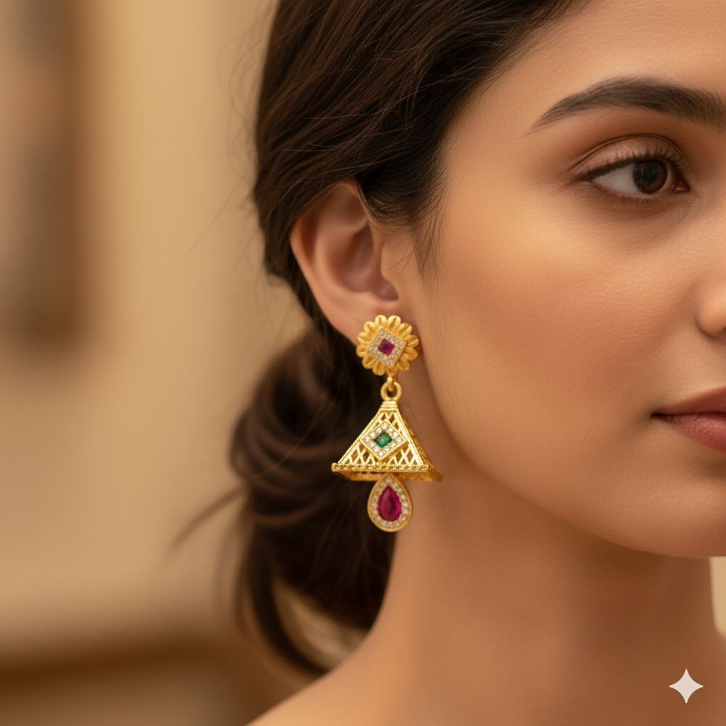 Micro Gold Plated And Diamond Studded Fancy Kempu Work Earring