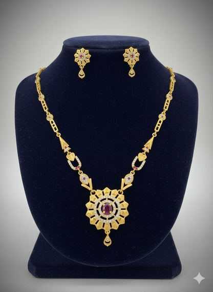 Micro Gold Plated And Diamond Studded Fancy Forming Flower Necklace with Earing