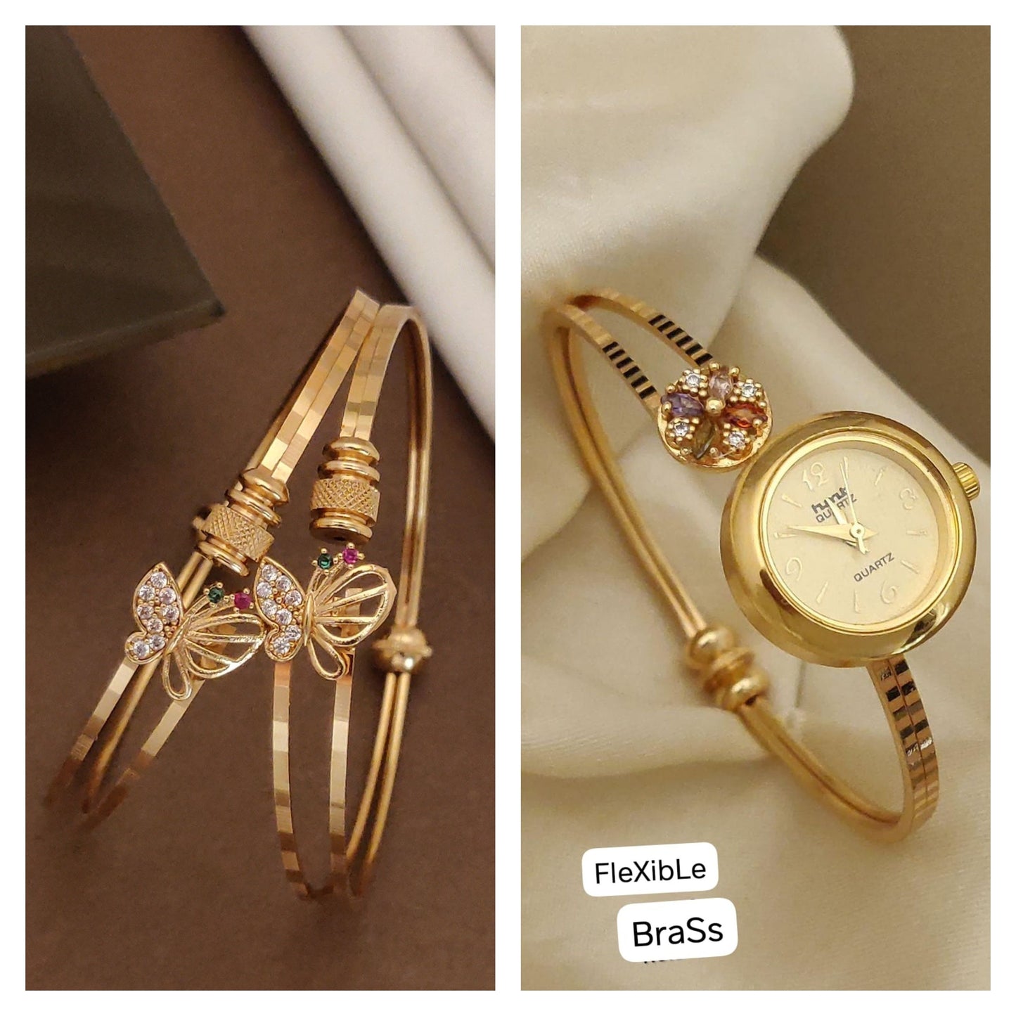 Micro Gold Plated And Diamond Studded Fancy Butterfly Kadli And Watch Combo