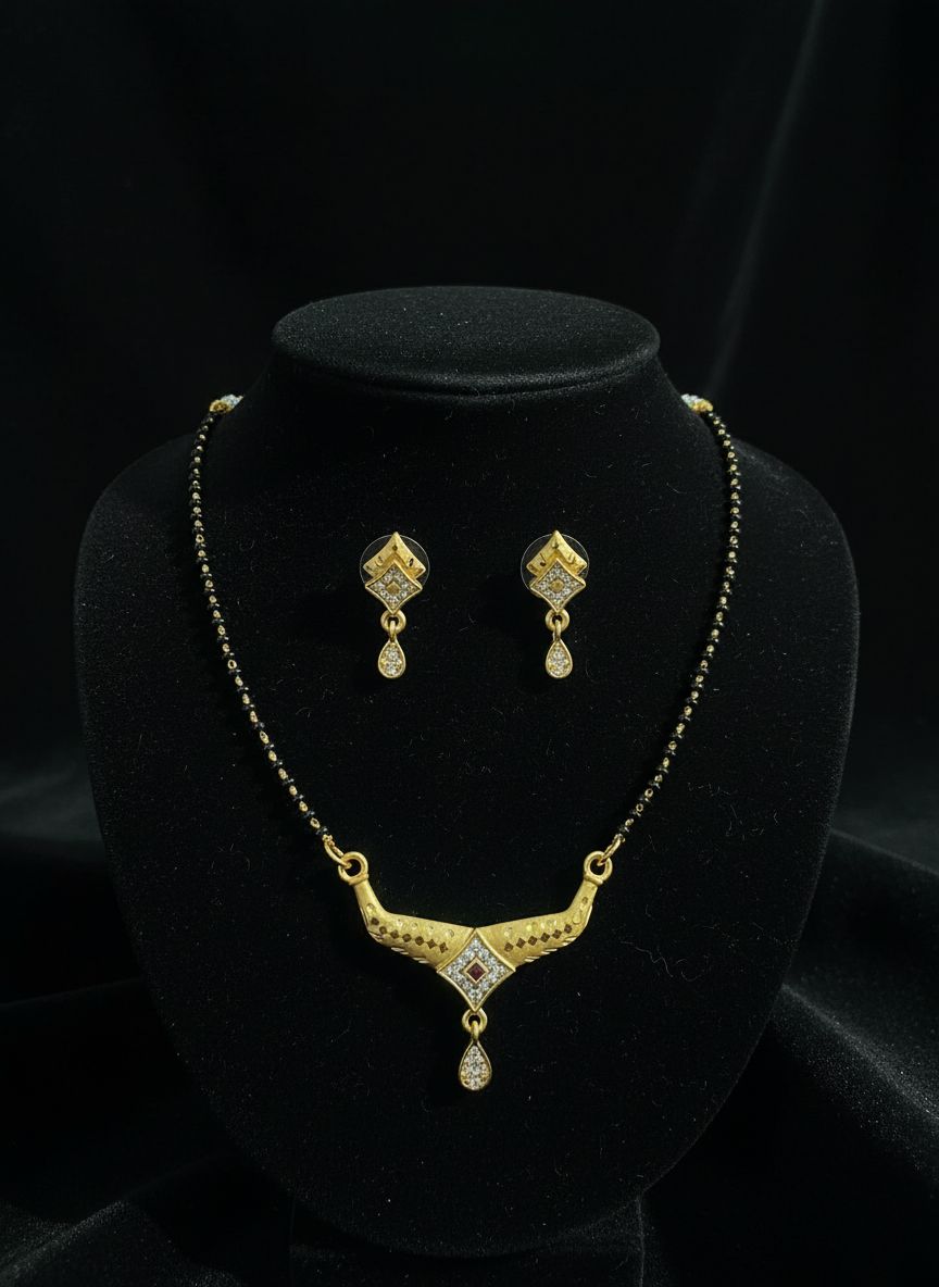 Micro Gold Plated And Diamond Studded Fancy Square Mangalsutra with Earring Set