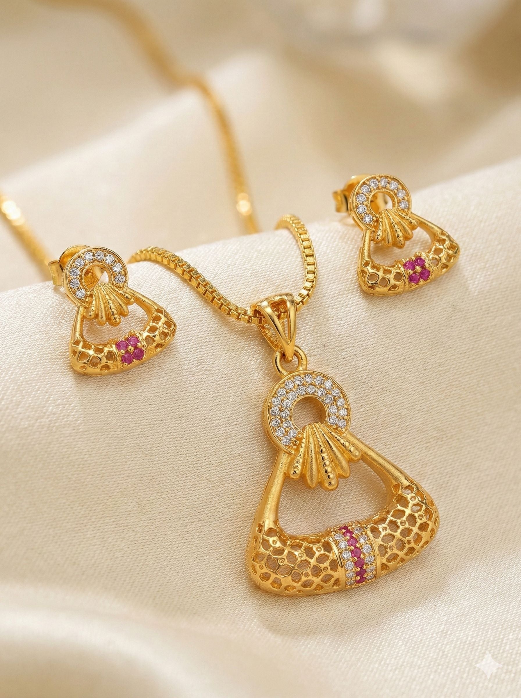 Golden Aura Ruby Charm Pendant Set – Elegant Daily Wear Necklace & Earrings