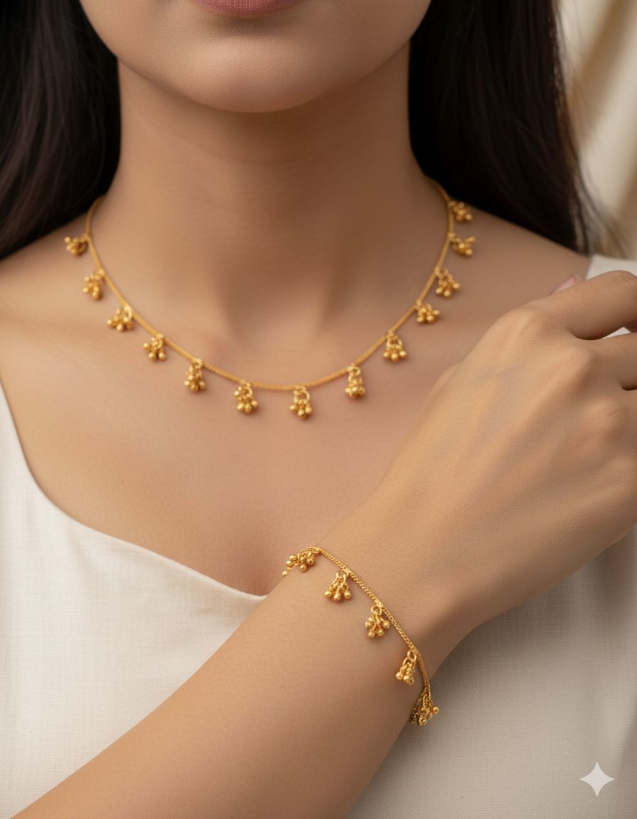 Micro Gold Plated And Diamond Studded Fancy Pearl Drop Fancy  18 Inches Chain And Bracelet Combo