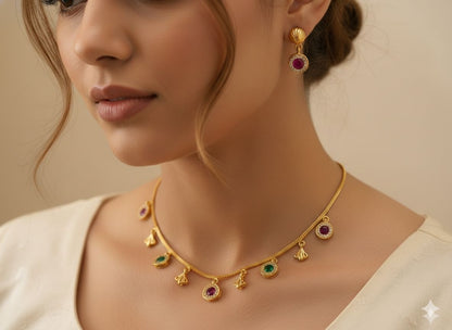 Micro Gold Plated Ruby & Emerald Charm Necklace with Matching Stud Earrings – Elegant Daily Wear Set