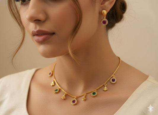 Micro Gold Plated Ruby & Emerald Charm Necklace with Matching Stud Earrings – Elegant Daily Wear Set