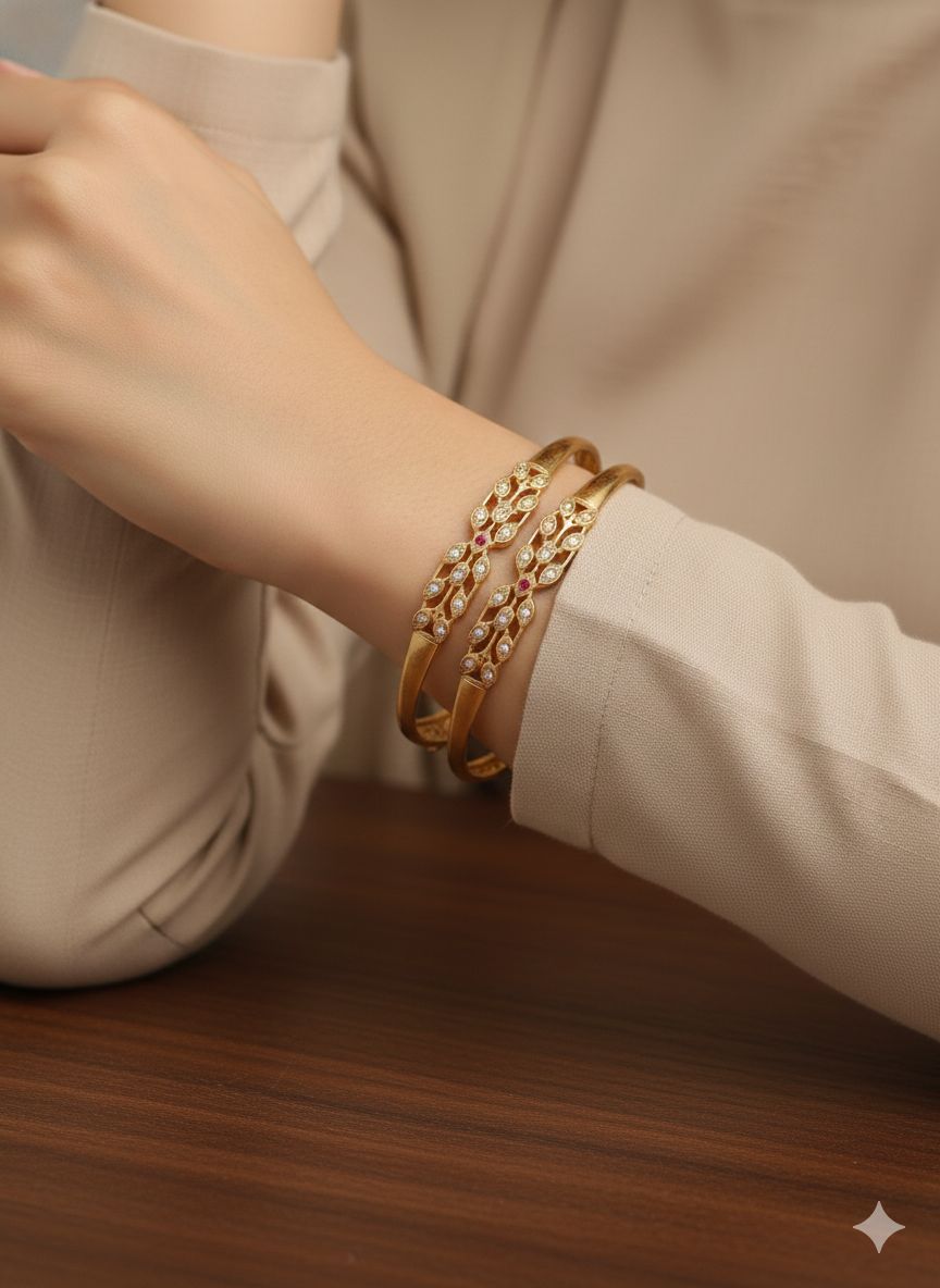 Micro Gold Plated And Diamond Studded Fancy 2 Pcs Bangle