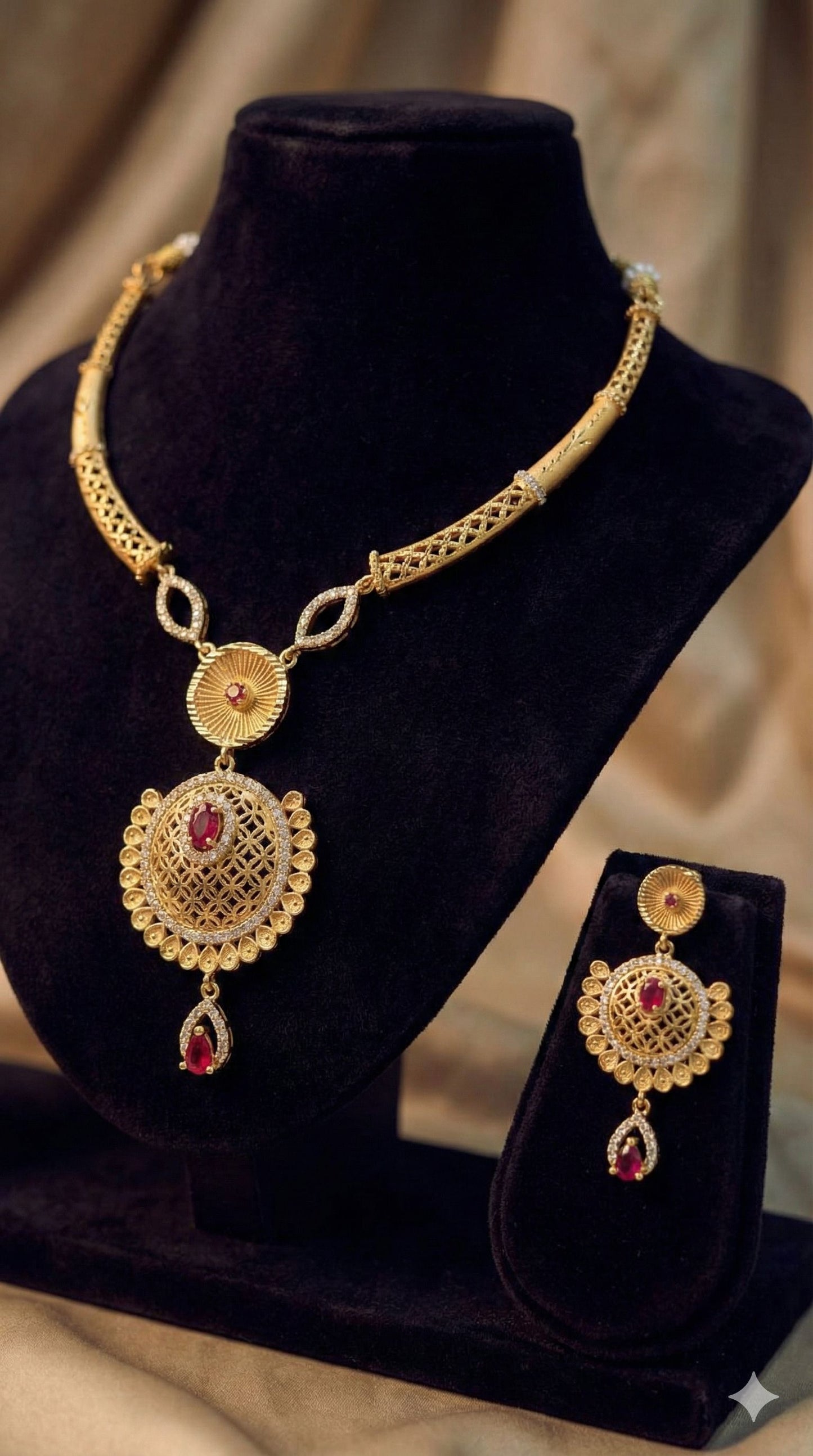 Royal Ruby Filigree Necklace Set – Micro Gold Plated AD Diamond Jewelry