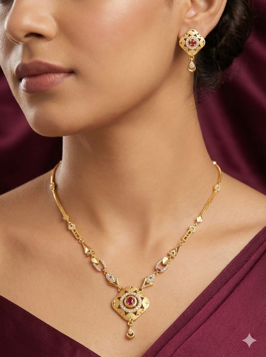 Micro Gold Plated And Diamond Studded Forming Square Necklace with Earrings For Women