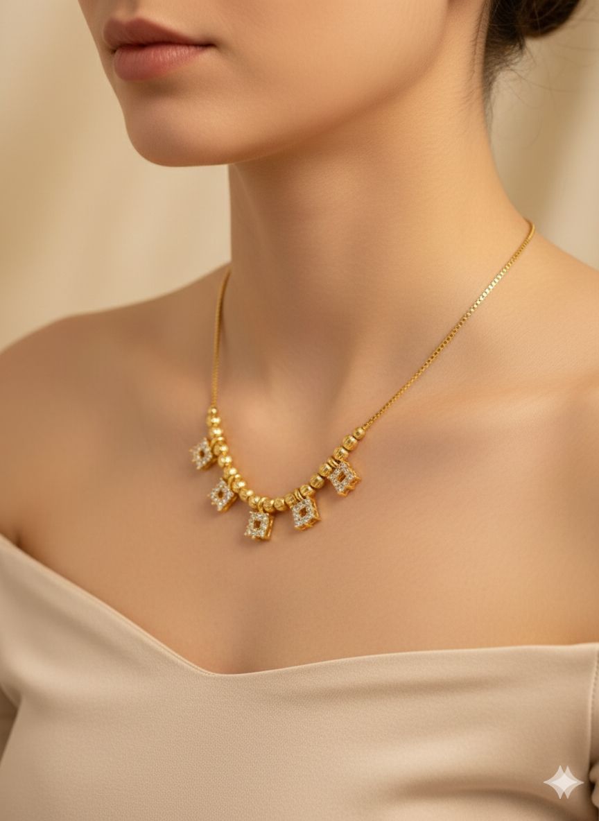 Micro Gold Plated American Diamond Studded Square Drop Necklace Chain For Women