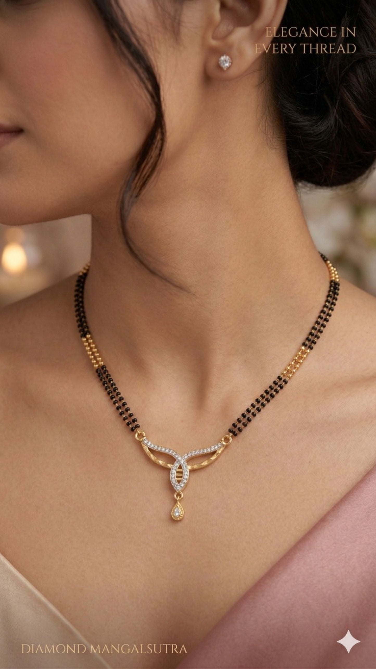Elegant Diamond Curve Mangalsutra with Dual Black Bead Chain & Drop Charm