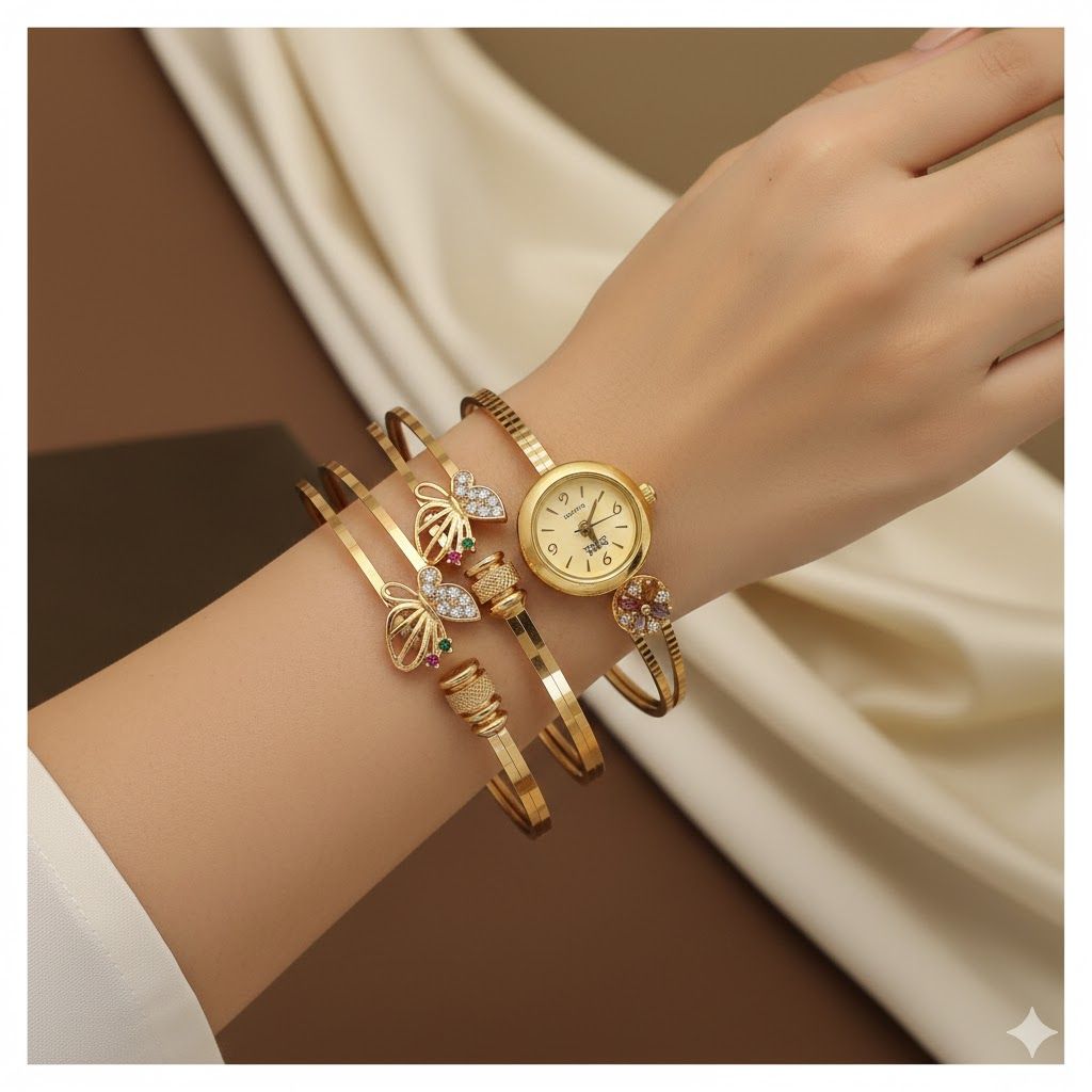 Micro Gold Plated And Diamond Studded Fancy Butterfly Kadli And Watch Combo