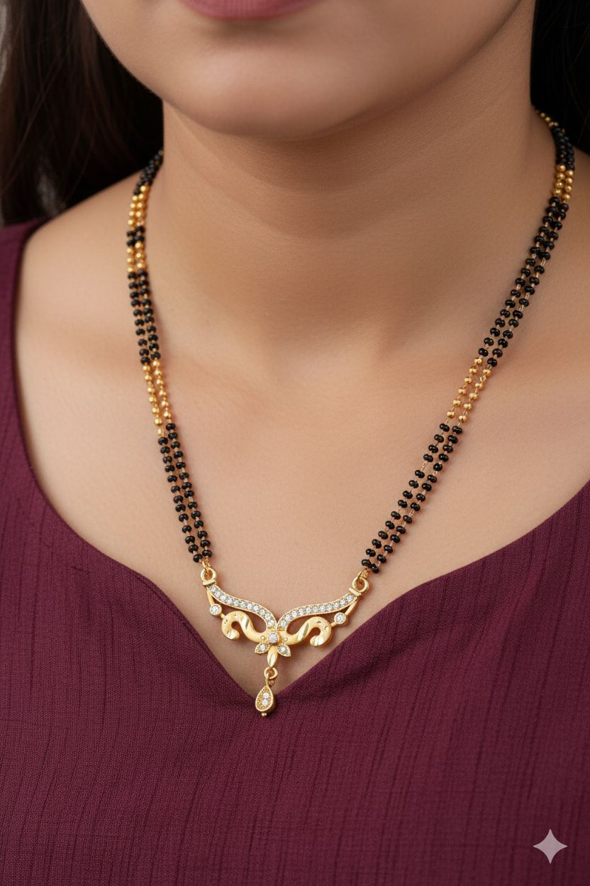 Micro Gold Plated And Diamond Curved Designer 24 Inches Mangalsutra with Drop Pendant