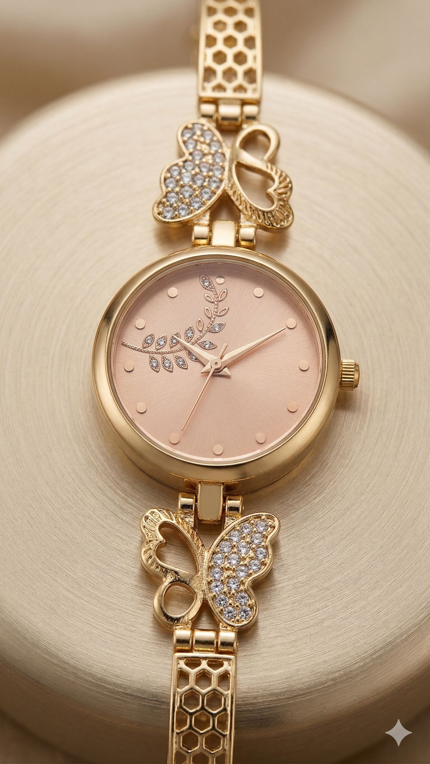 Elegant Gold plated ad diamod  pink dial Butterfly Charm Watch