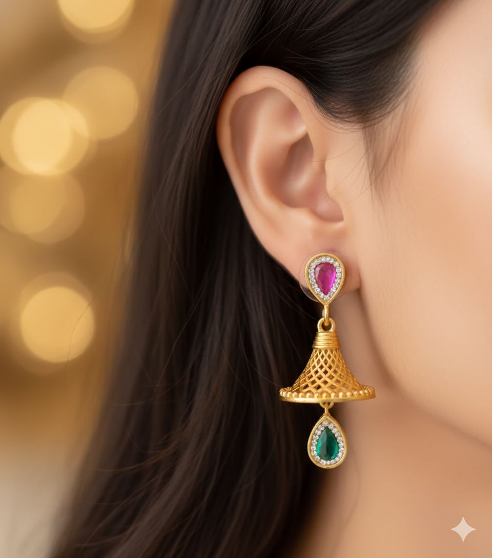 Micro Gold Plated And Diamond Pink Green Stone Daily Wear Fancy Jhumka Earring