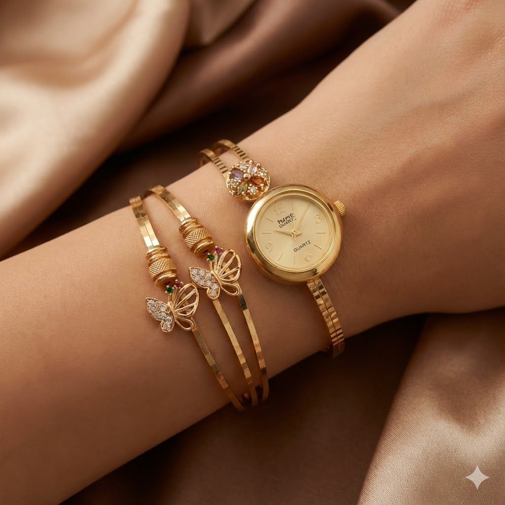 Micro Gold Plated And Diamond Studded Fancy Butterfly Kadli And Watch Combo