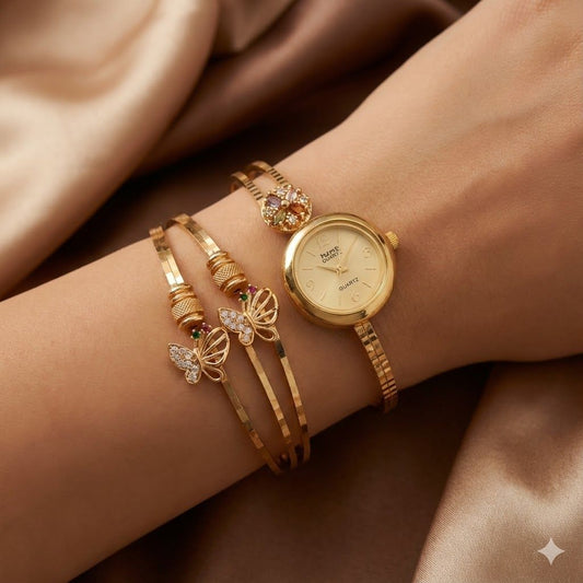 Micro Gold Plated And Diamond Studded Fancy Butterfly Kadli And Watch Combo