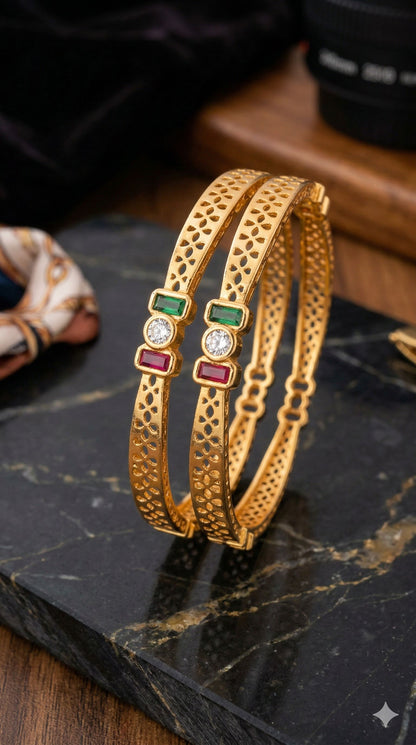 Royal Trinity Micro Gold Plated Ruby & Emerald Stone Designer Bangles (Set Of 2)