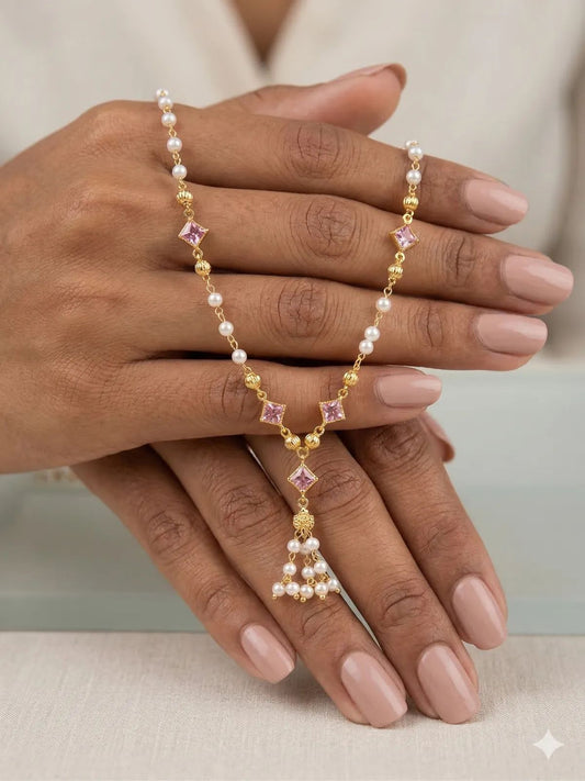 Micro Gold Plated Pearl 18 iches Chain with Pink Stone Accents & Elegant Drop